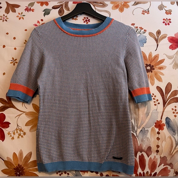 Numph Anthropologie Womens S/M Sweater Blue Pink Dotted Short Sleeve Cotton Wool - Picture 2 of 8